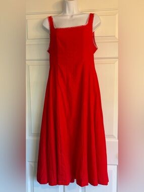 Caroline Constas Red Whipstitch Trim A-Line Linen Blend Dress, Size 8